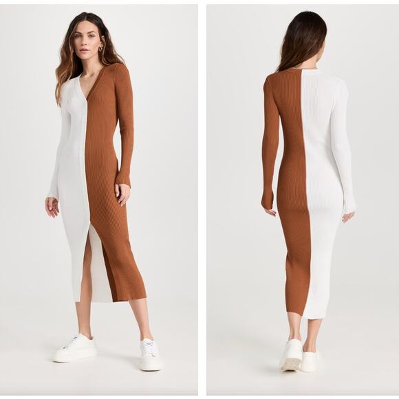 STAUD Shoko Ribbed Button Front Midi Sweater Dress Tan White Sz XS $165 {B41}